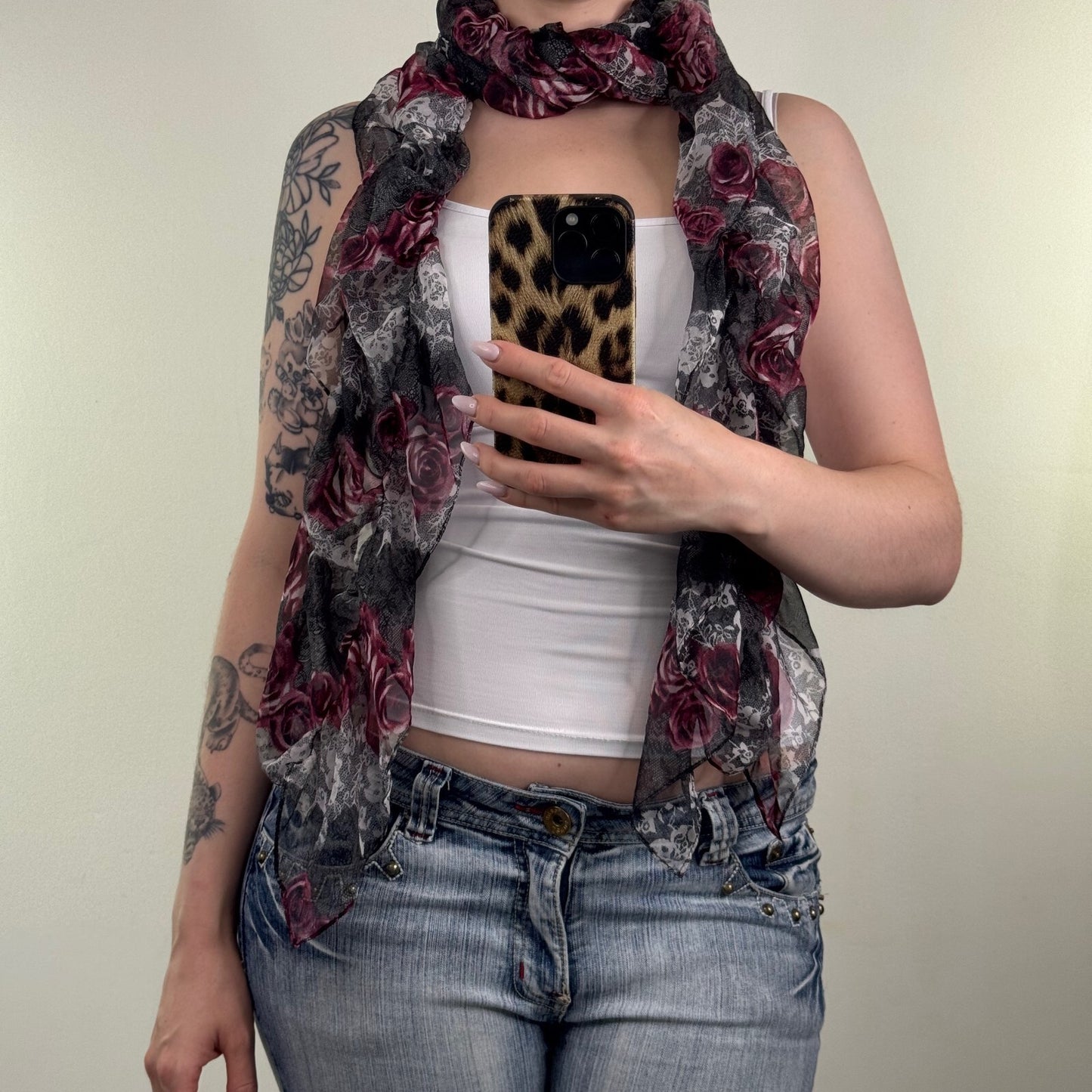 Y2K vintage scarf sheer rose floral lace pattern ruffle frill lightweight