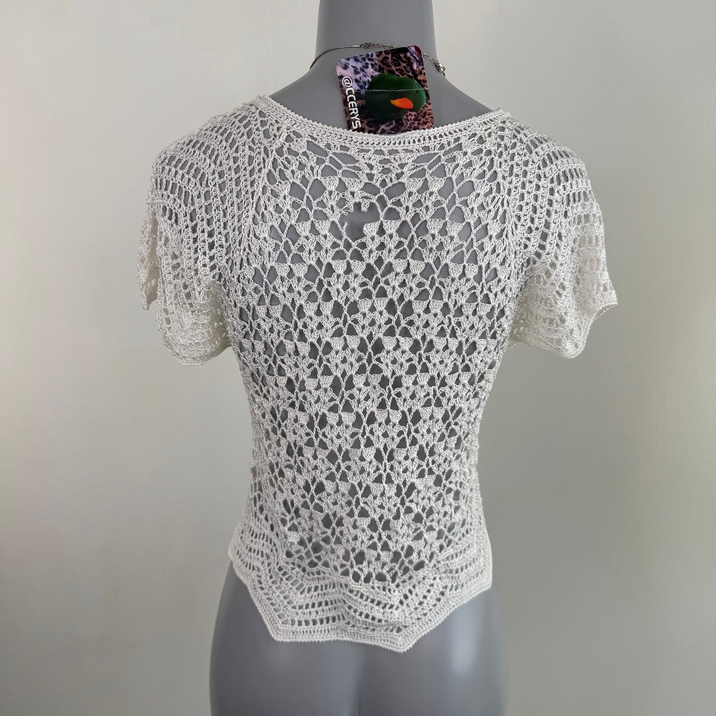 Y2K vintage short sleeve crochet top button up sheer knit v neck cardigan white