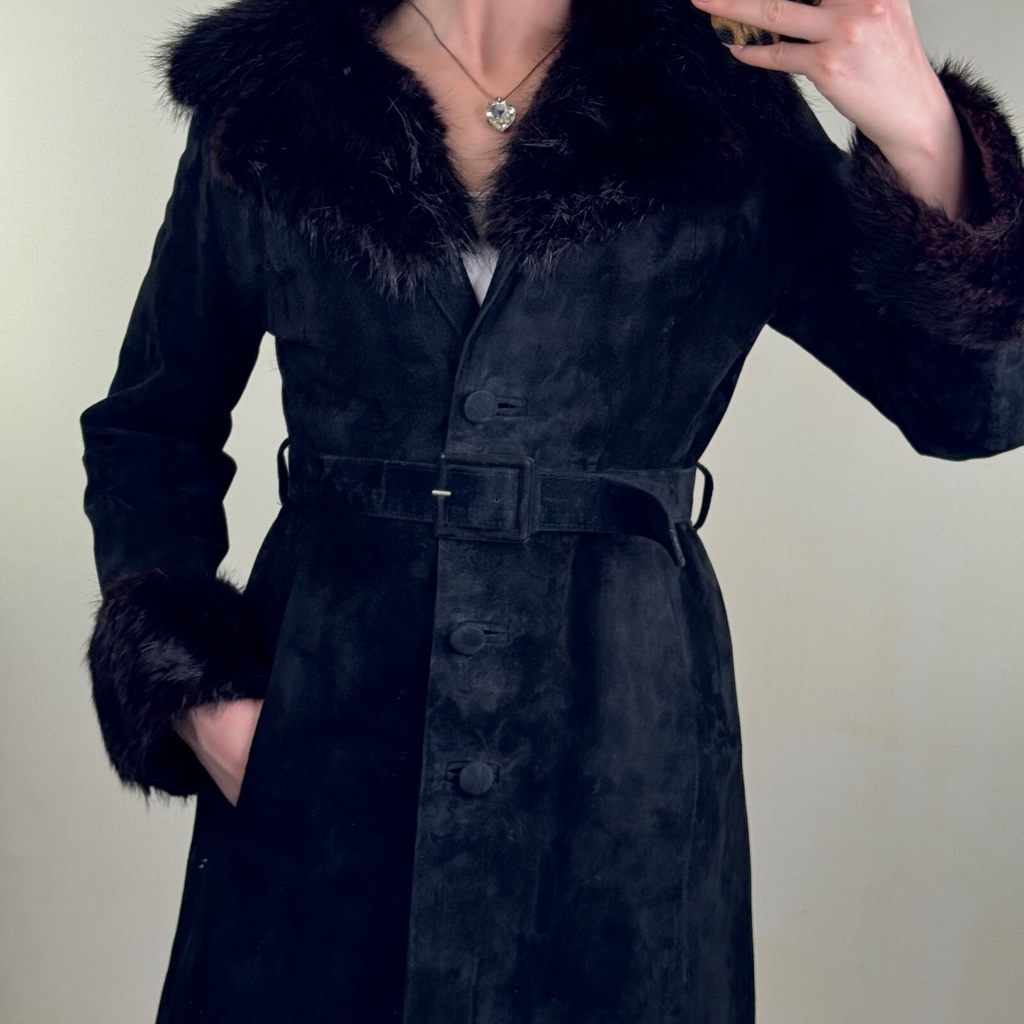 Vintage genuine fur / suede trench coat with belt button up lined classic midi