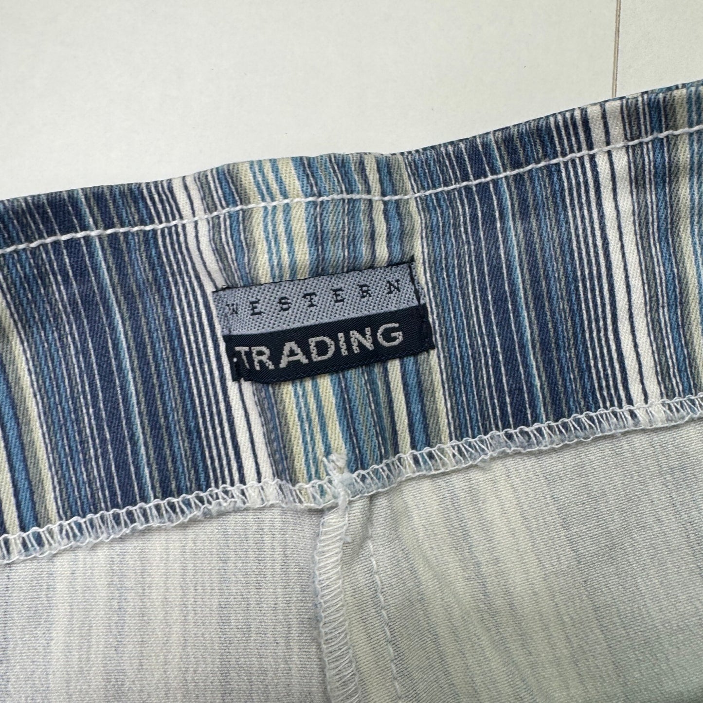 Y2K vintage tailored bootcut trousers pinstripe belt fringe blue stretchy