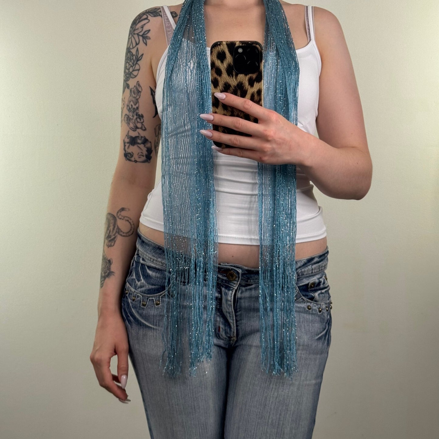 Y2K vintage scarf skinny thin sheer fine knit light blue fringe sparkly glitter
