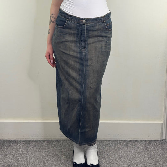 Y2K vintage denim maxi skirt denim dirty blue wash stretchy slit full length