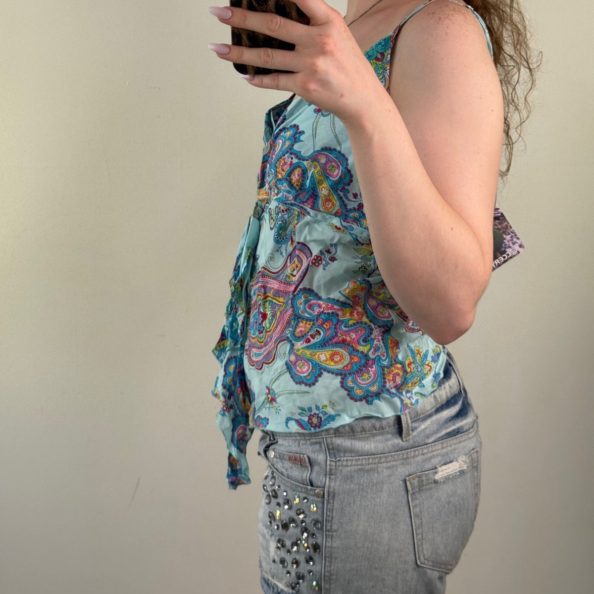 Y2K vintage paisley cami top ruffle multi light blue print v neck turquoise