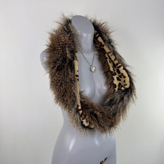 Vintage faux fur infinity scarf leopard print racoon style brown