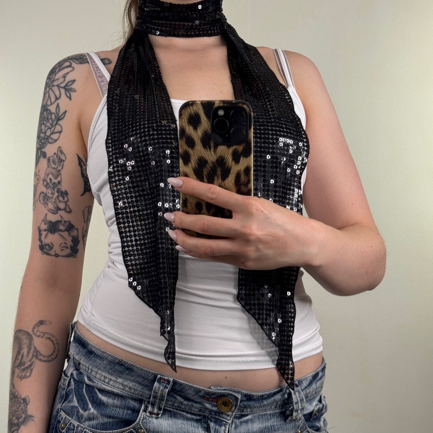 Y2K vintage scarf sequin embellished sheer mesh skinny thin black