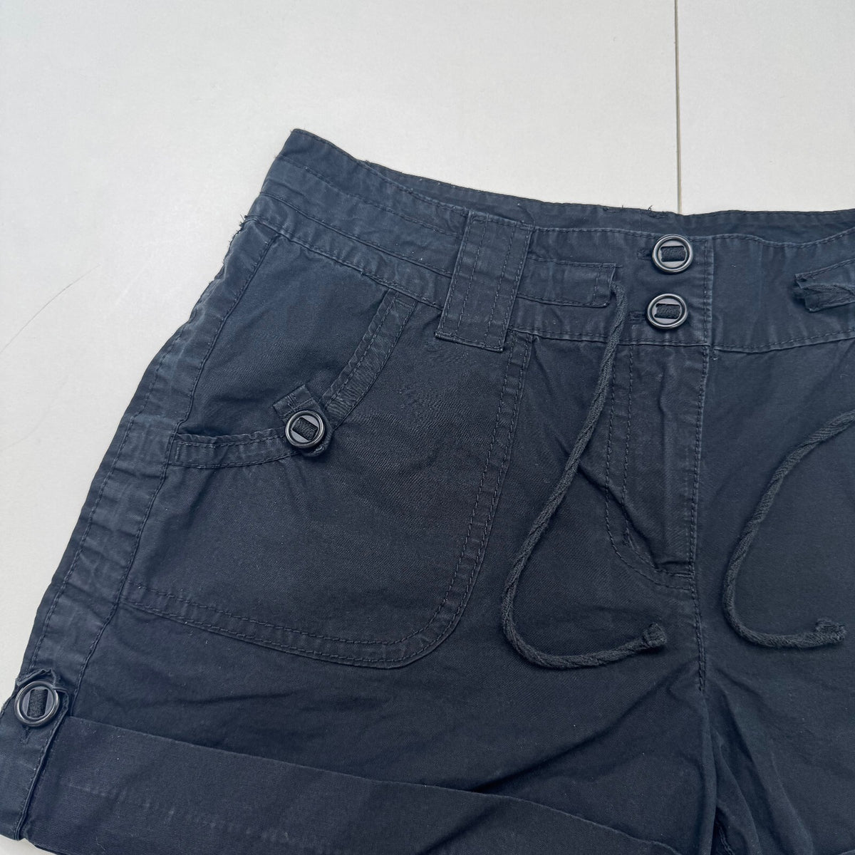 Y2K vintage mini shorts buttons mid rise cargo drawstring black cotton