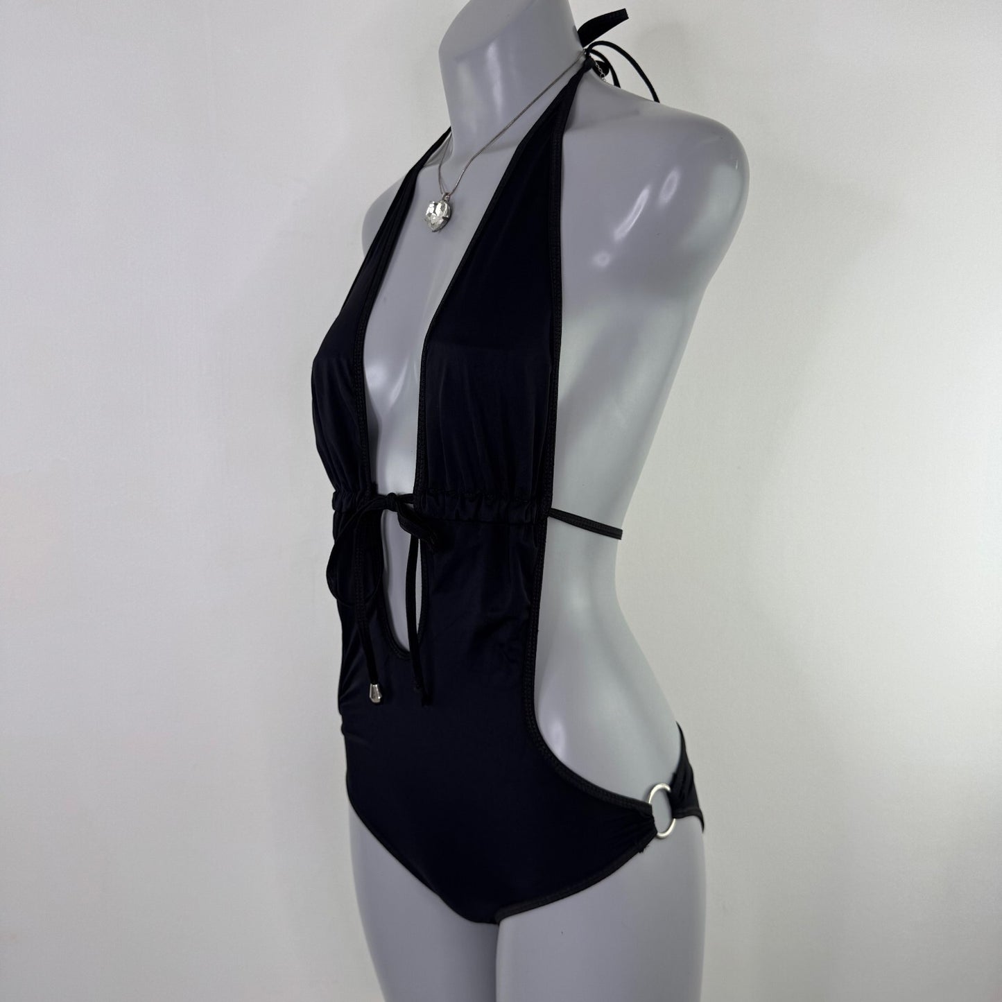 Y2K vintage monokini low rise cut out swimsuit halter neck o ring string bow