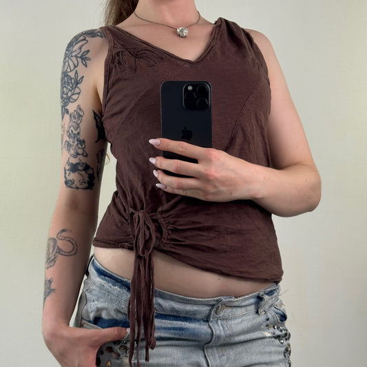 Y2K vintage tank top v neck wrap bow floral embroidery ruched asymmetrical