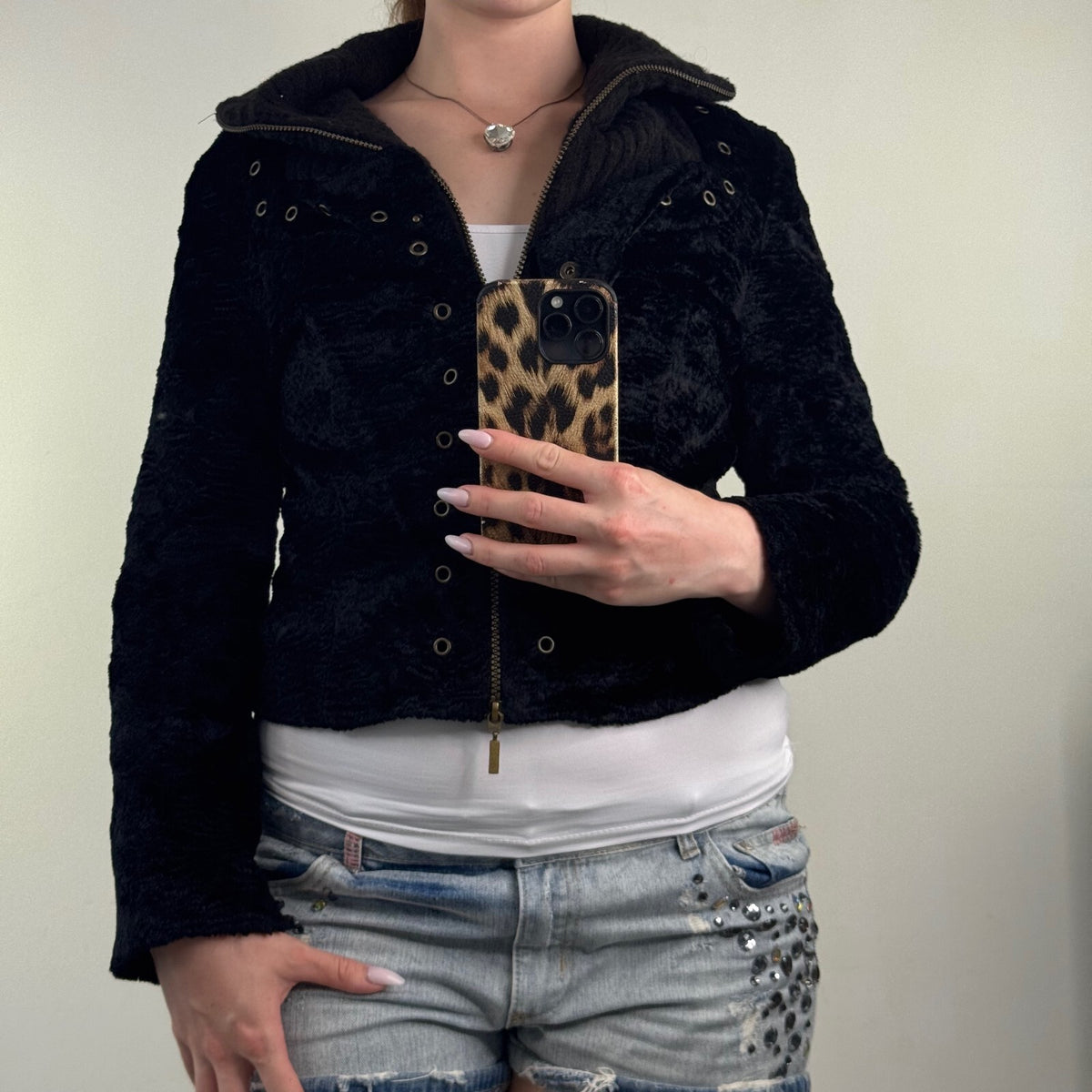 Y2K vintage bomber jacket zip up short grommet high neck knit faux fur archive