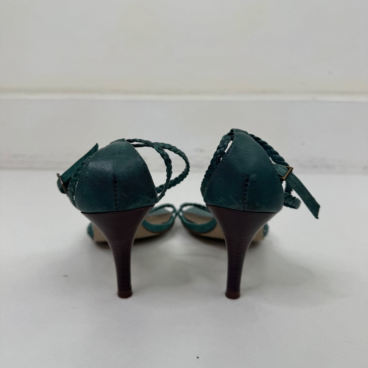 Y2K vintage genuine leather high heel strappy braided woven turquoise ankle