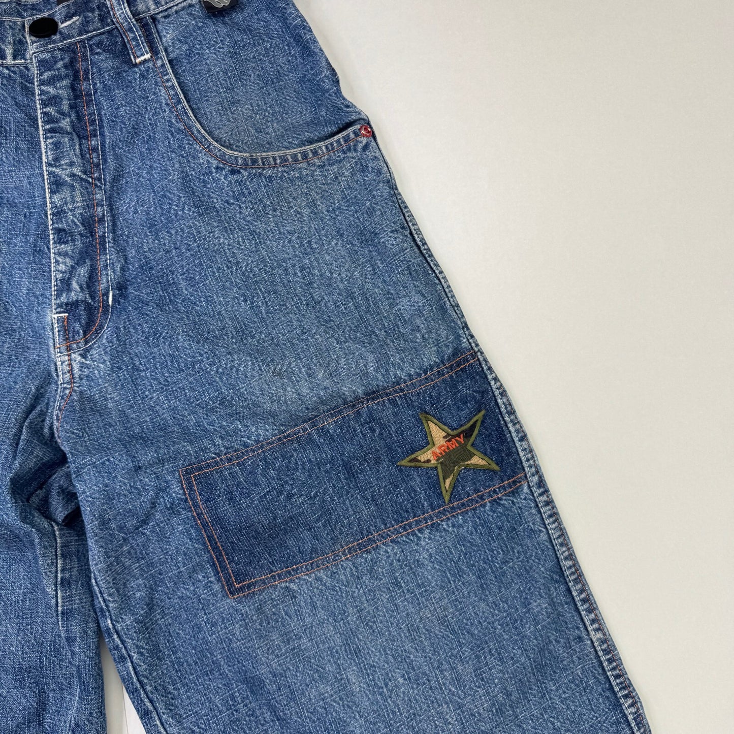 Y2K vintage Rocawear jorts denim shorts baggy patches faded star embroidered