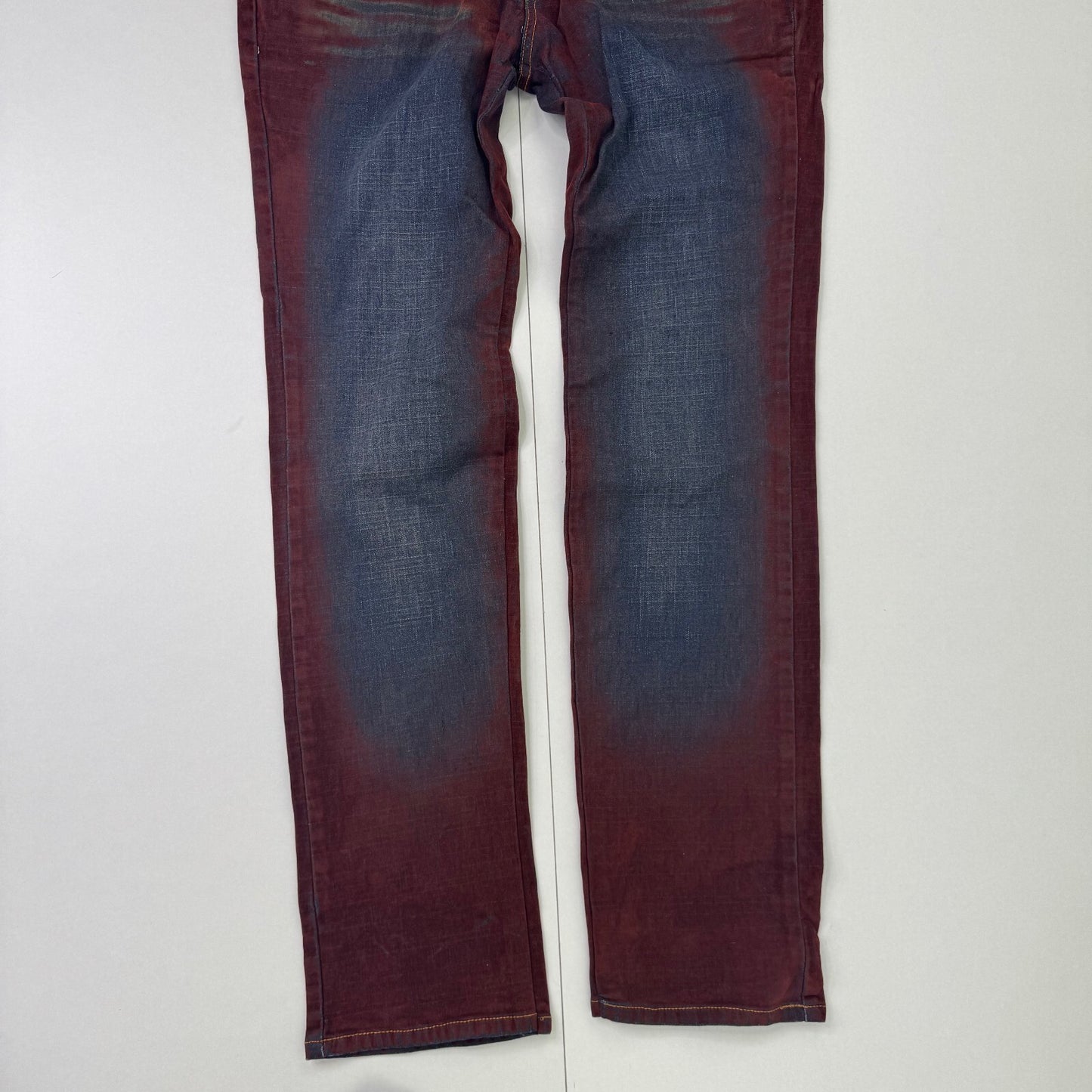 Y2K vintage faux suede jeans denim straight leg blue burgundy contrast stitch