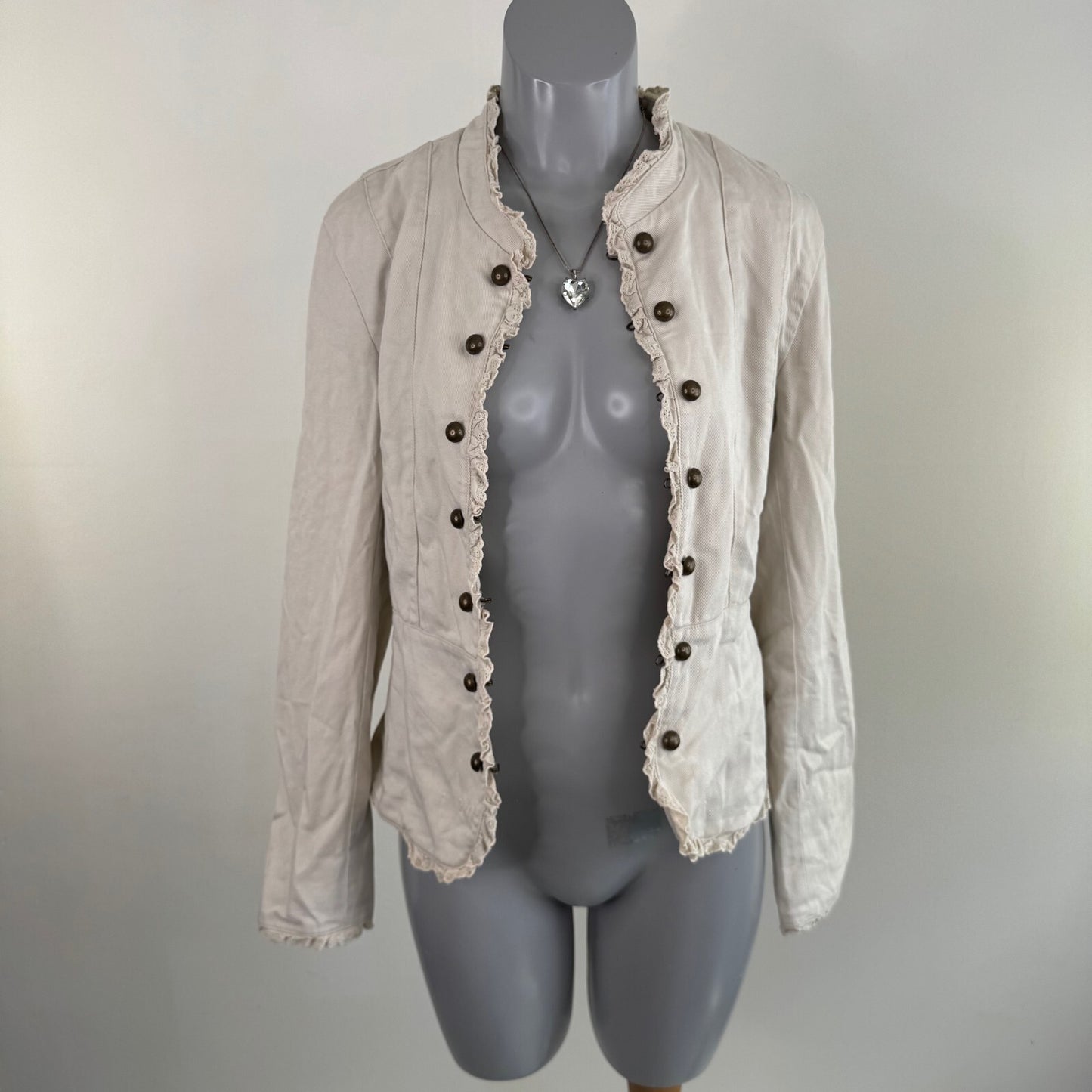 Y2K vintage military denim jacket hook and eye ruffle hem broderie anglaise