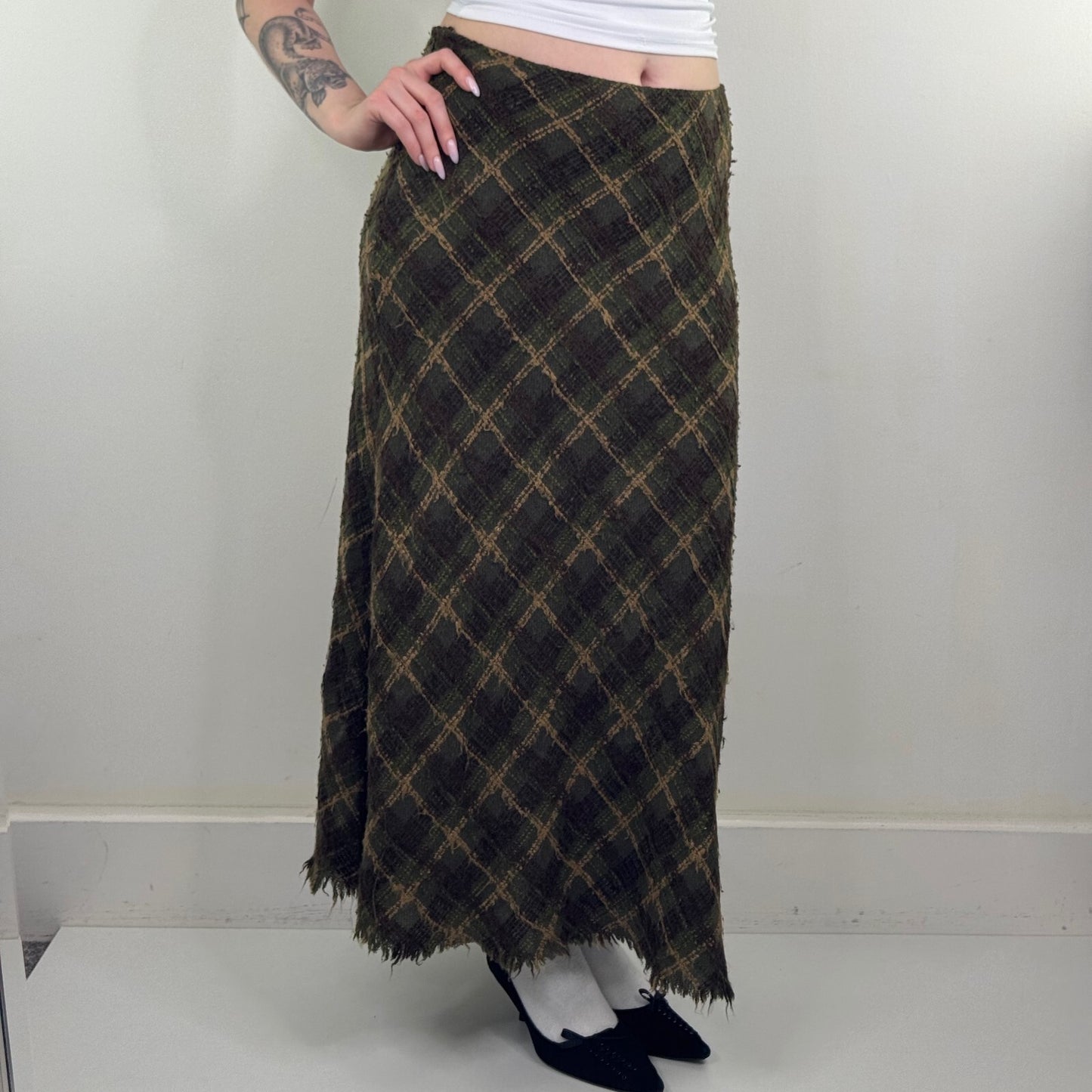 Y2K vintage Per Una maxi skirt tartan check wool blend dark green boho knit