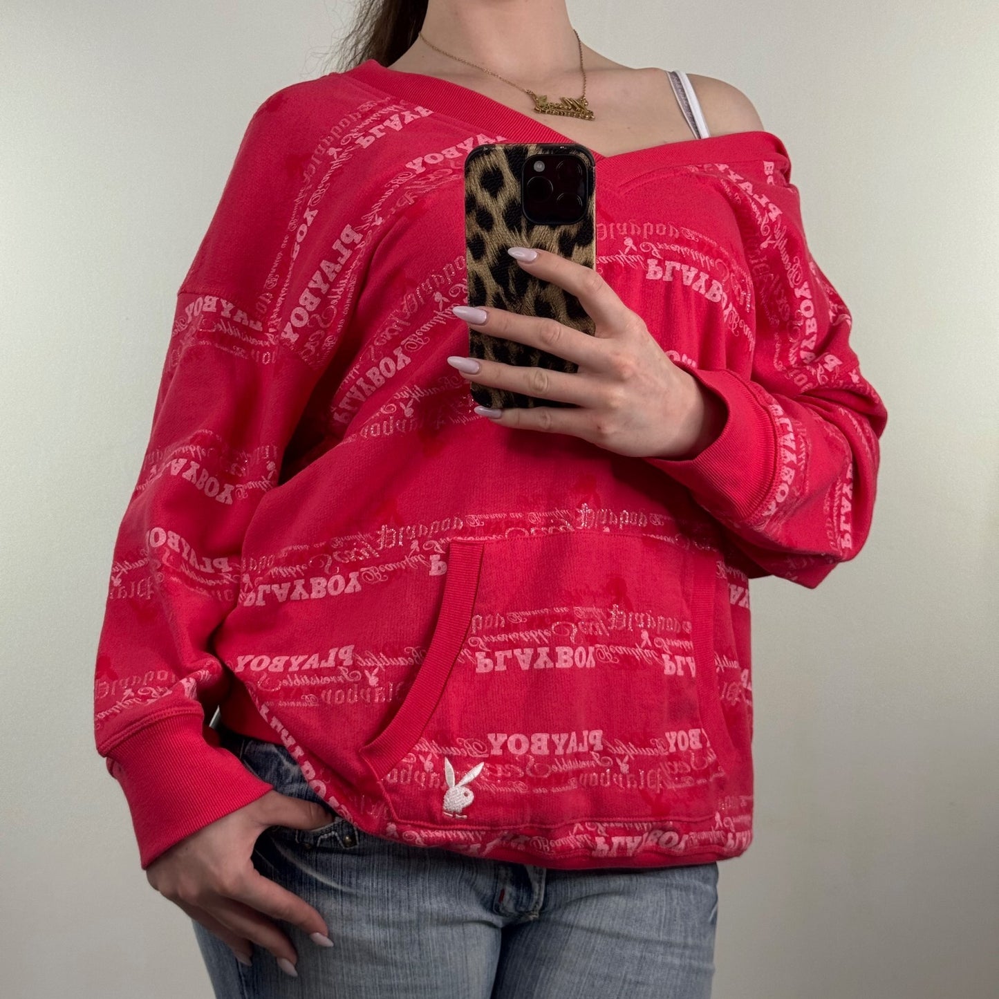 Y2K vintage Playboy hoodie v neck sparkly text 3/4 length sleeve