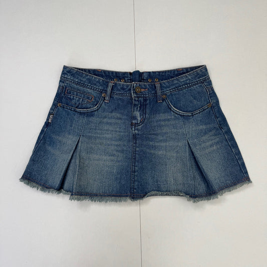 Y2K vintage mini skirt low rise pleated fraying gem faded mid blue wash