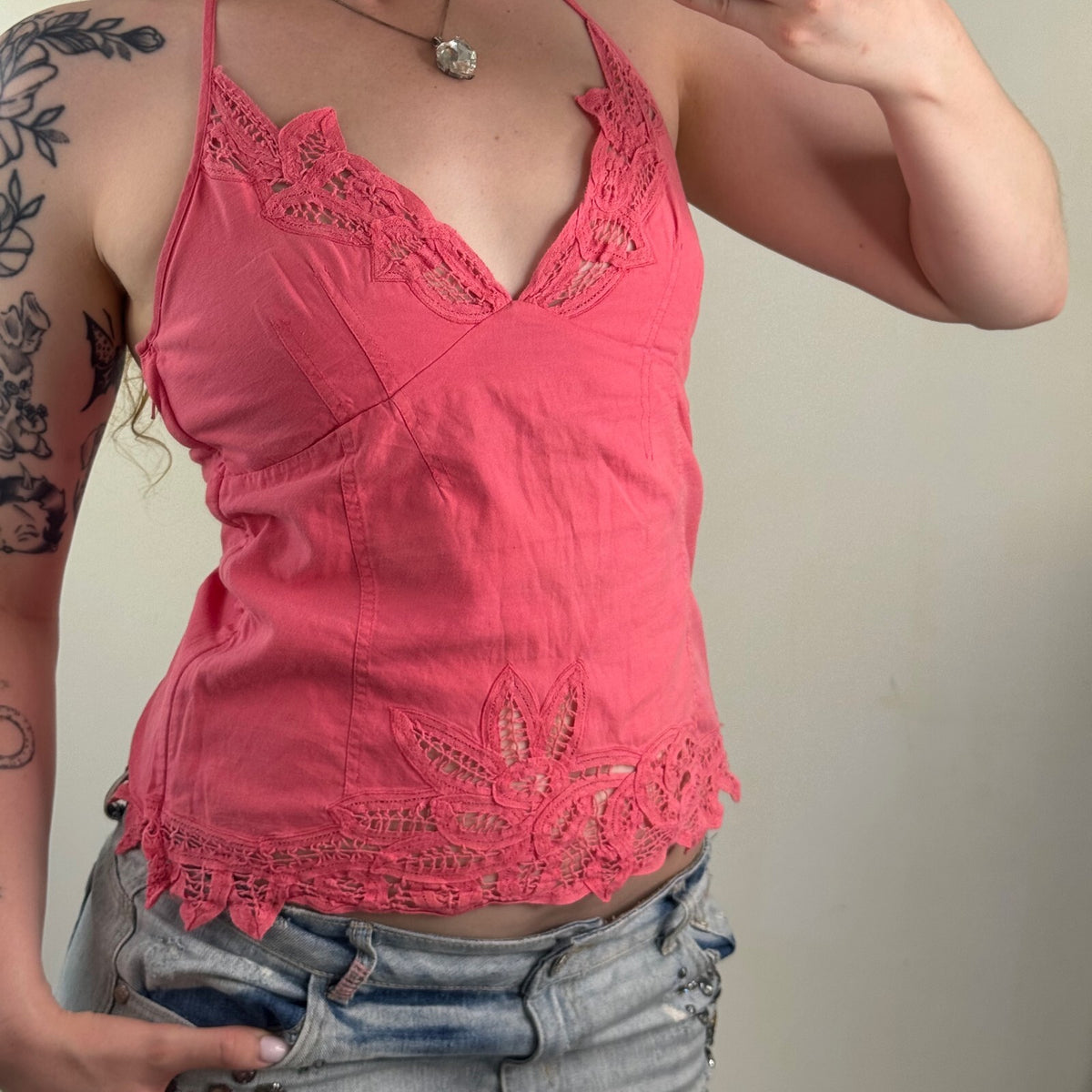 Y2K vintage Kookai halter neck top floral pink v neck bow cut out cotton summer