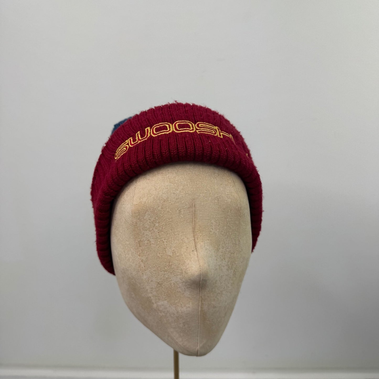 Vintage 90s Nike Swoosh Spellout Colour Block Beanie Hat Knit Blue Burgandy