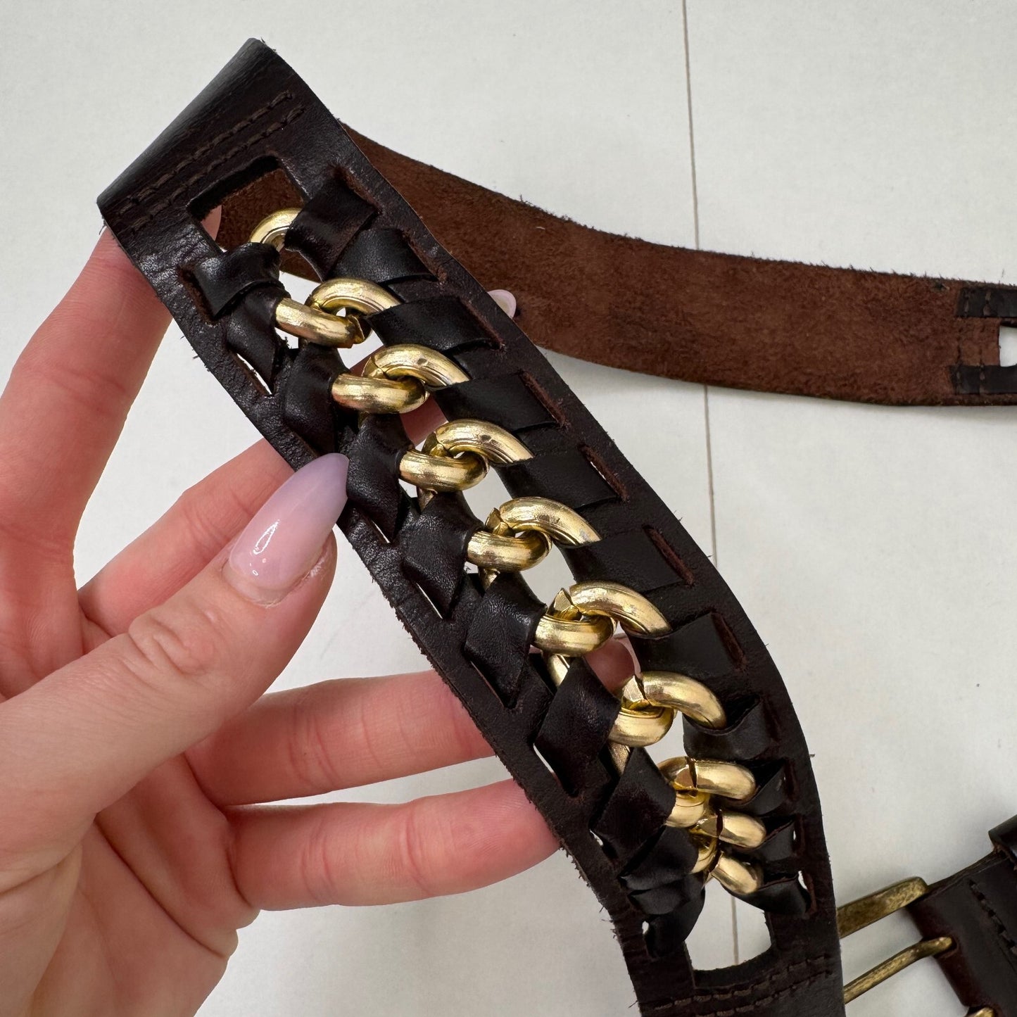 Y2K vintage belt genuine leather chain brown gold buckle