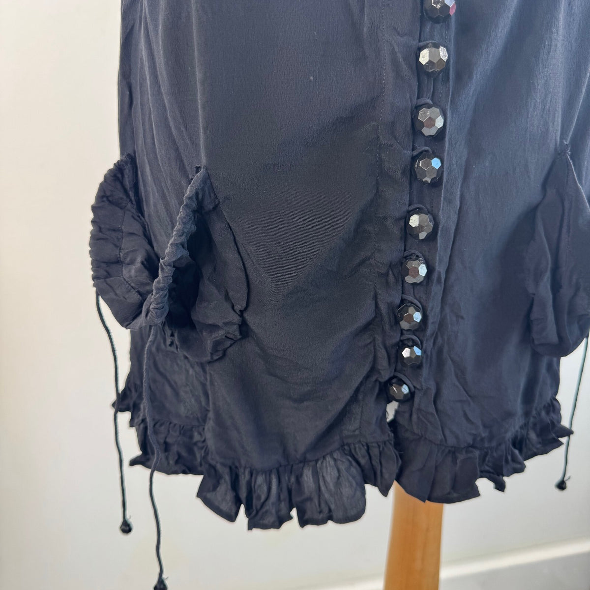 Y2K vintage silk mini dress ruffle button up pockets fairy boho coquette black