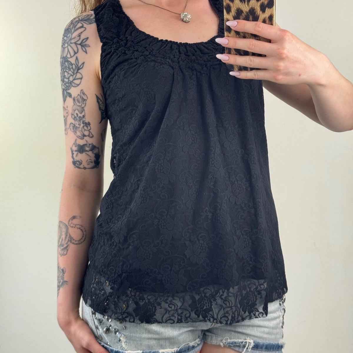Y2K vintage lace tank top overlay floral pattern sleeveless ruched double layer