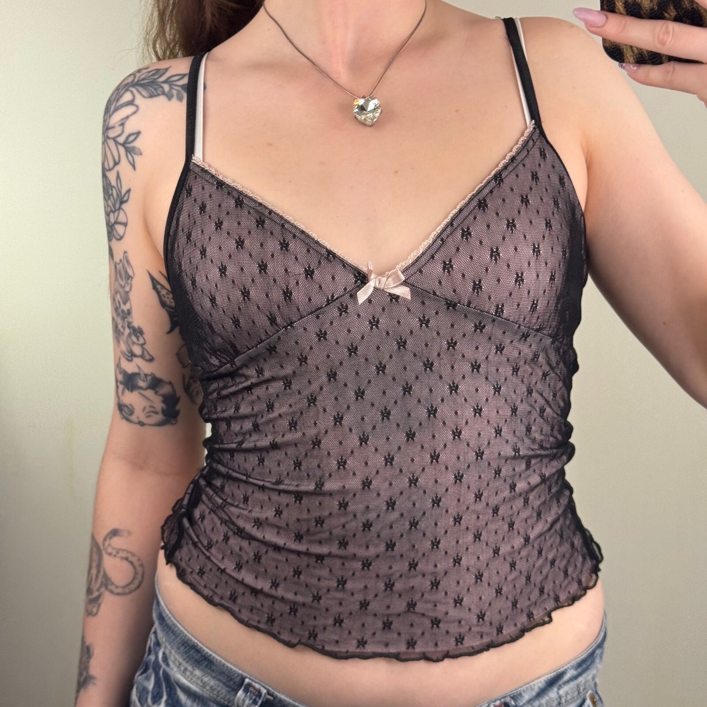 Y2K vintage cami top mesh double lined crop strappy bow lace trim black pink