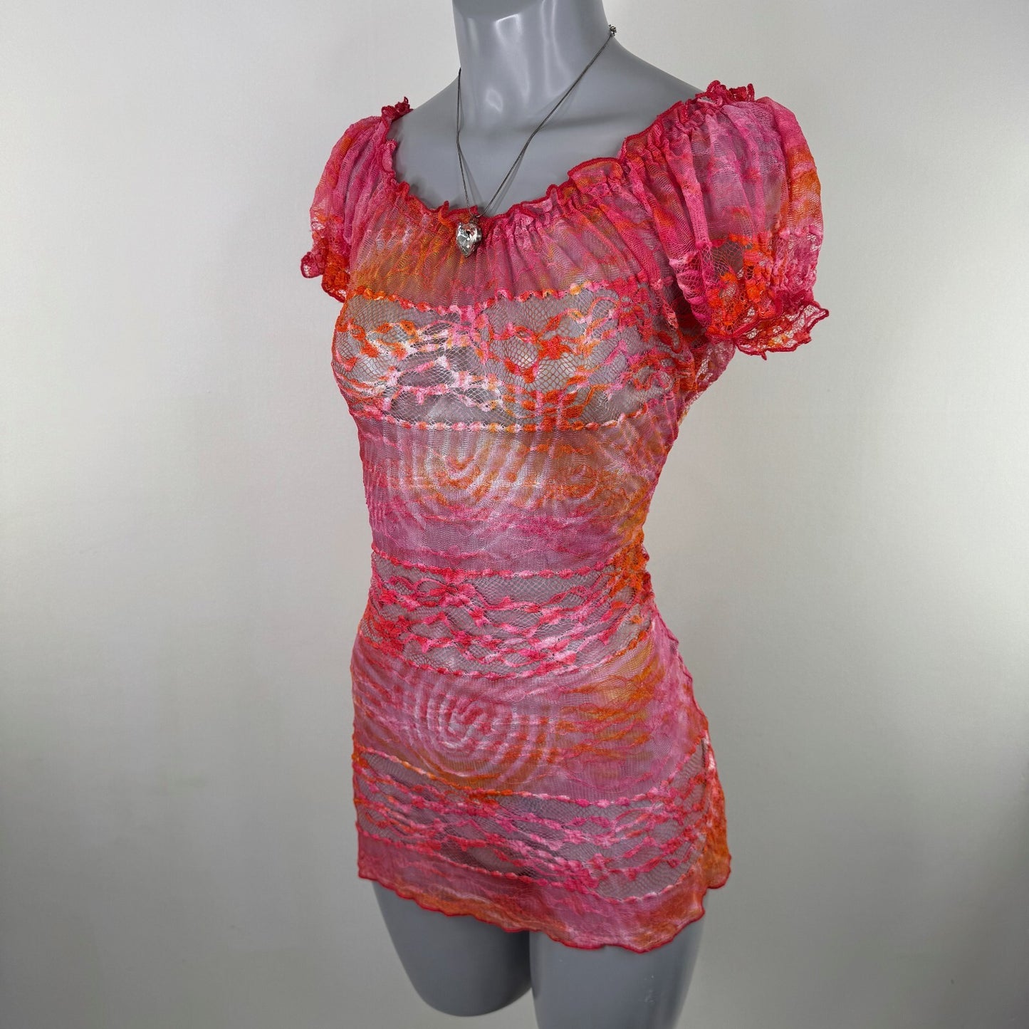 Y2K vintage Per Una short sleeve top mesh sheer floral lace ombre stretchy