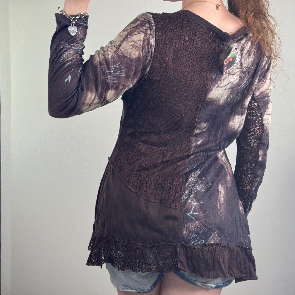 Y2K vintage long sleeve top fairy patchwork floral graphic print boho ruffle hem
