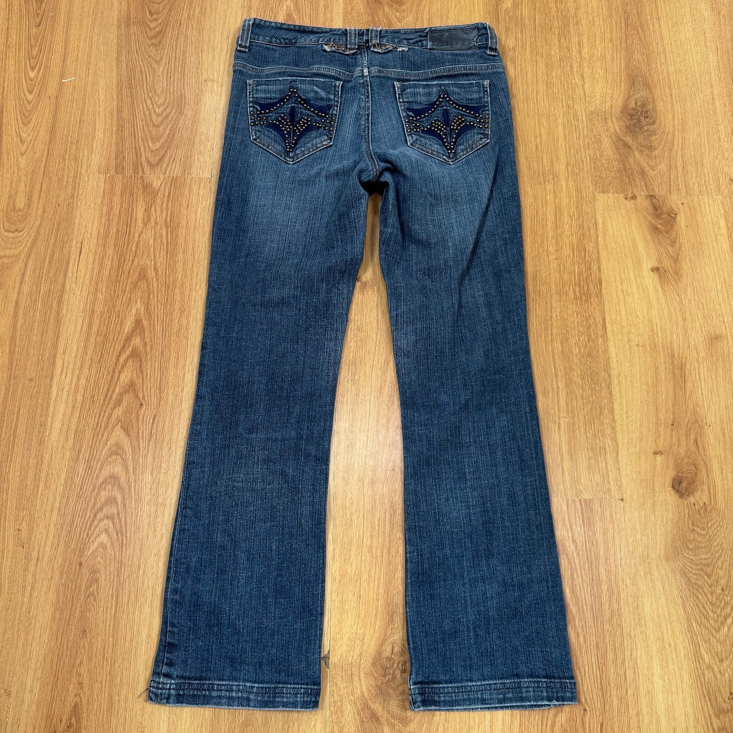 Y2K vintage bootcut denim jeans low rise dark faded wash studded embroidered