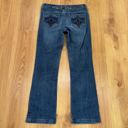 Y2K vintage bootcut denim jeans low rise dark faded wash studded embroidered