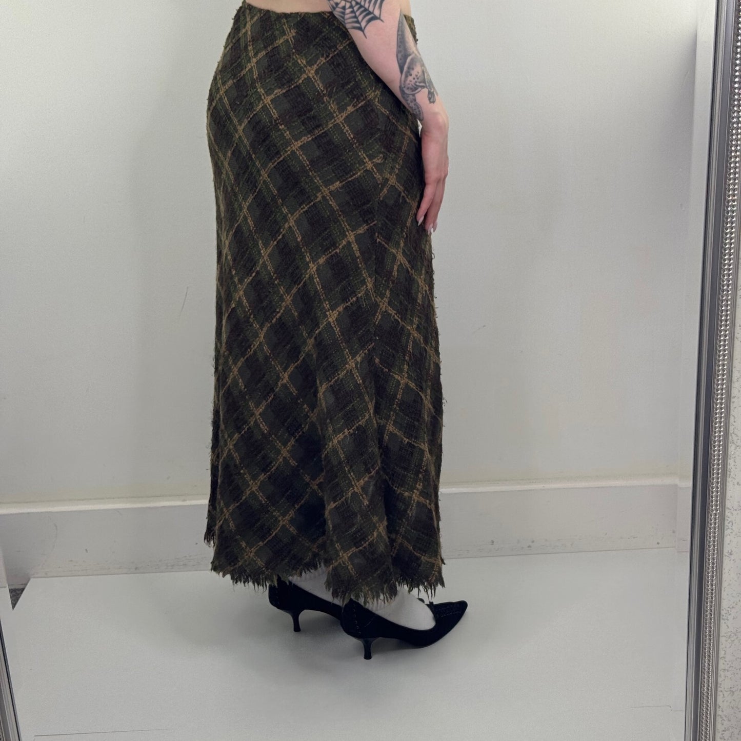 Y2K vintage Per Una maxi skirt tartan check wool blend dark green boho knit