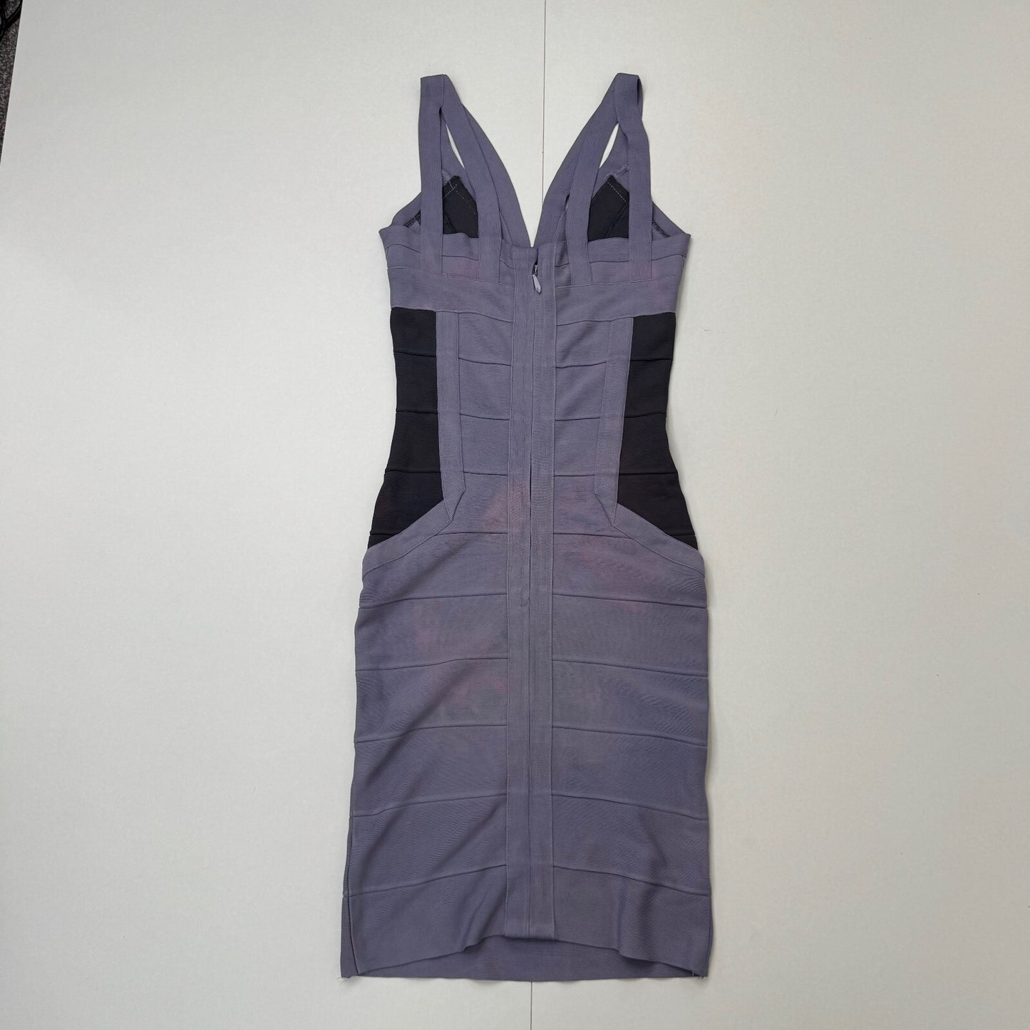 Vintage Hervé Léger bandage midi dress dusty lilac dark blue block colour