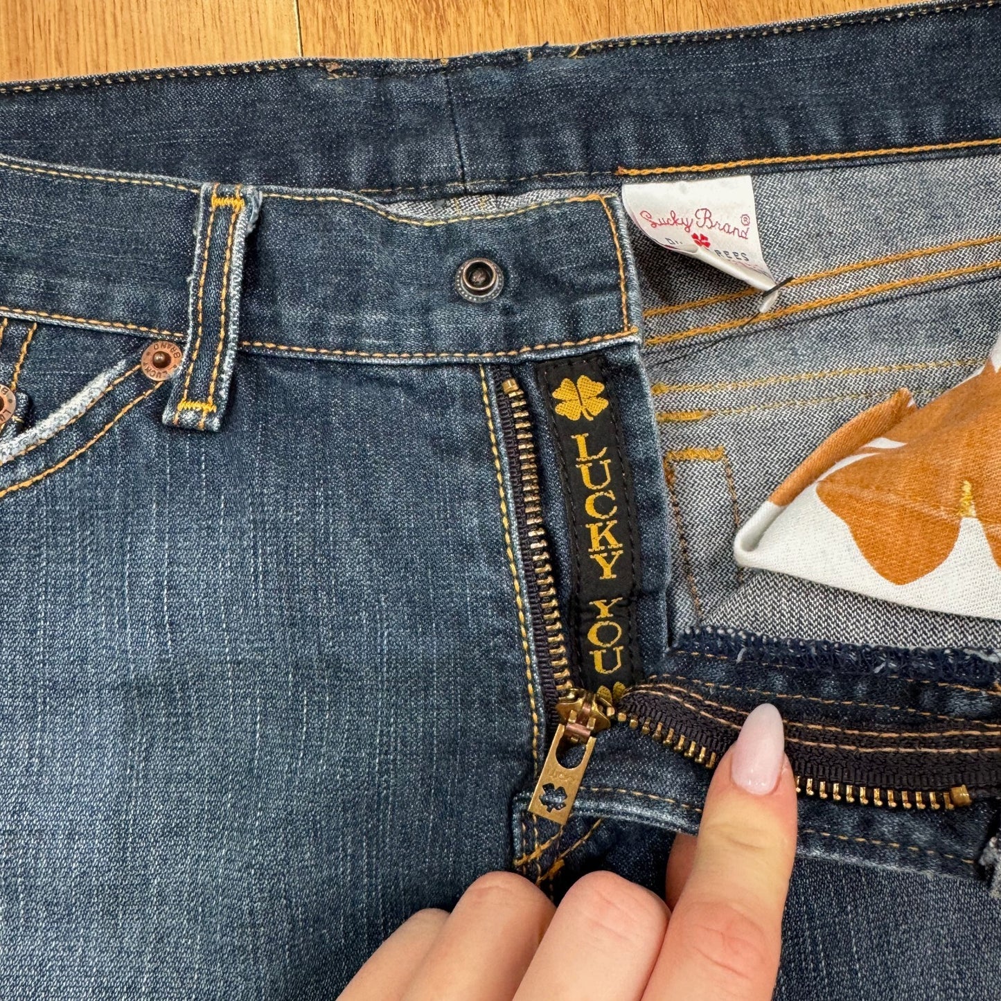 Y2K vintage mini skirt dark blue faded denim wash luck you distressed pockets