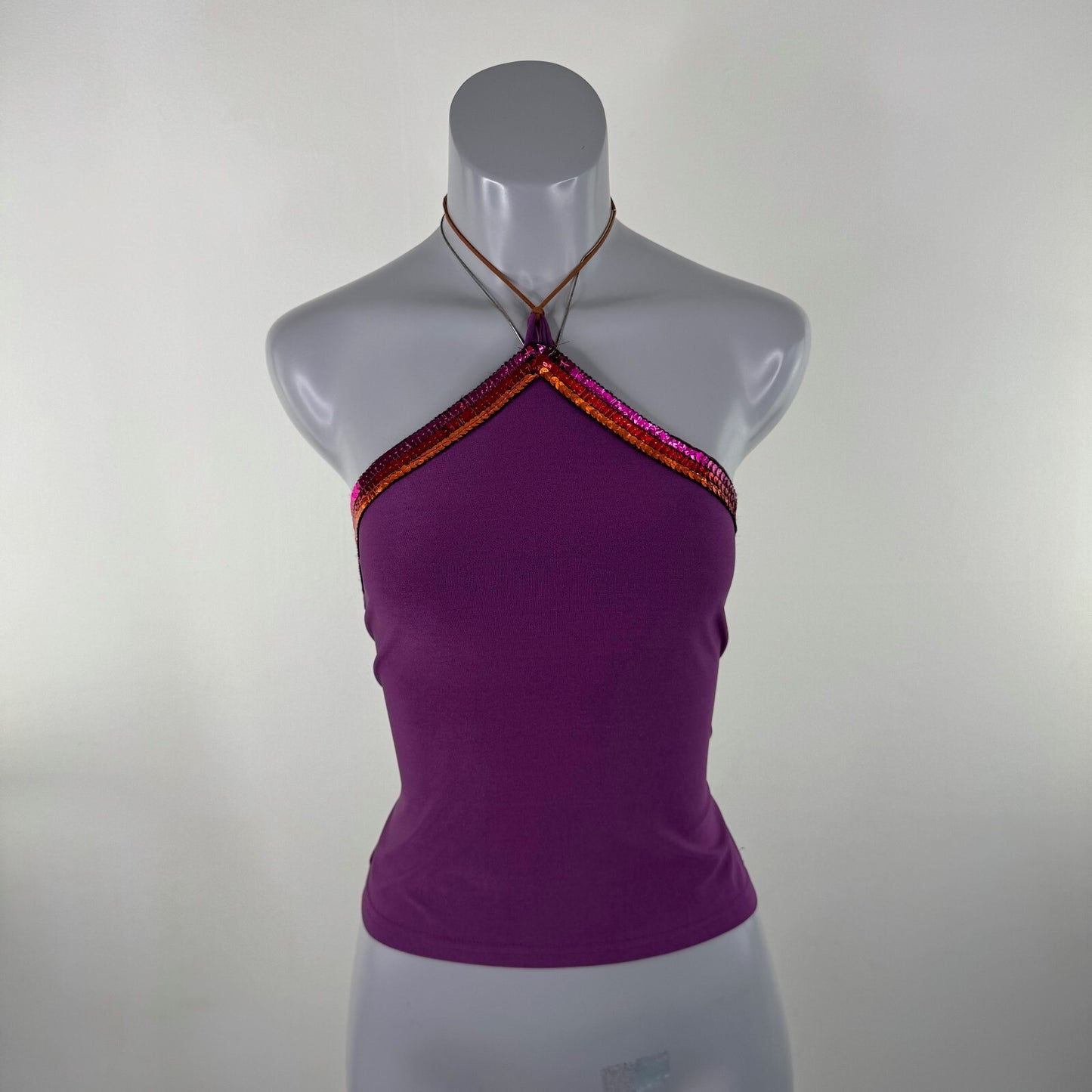 Y2K vintage Bay halter neck top sequin fitted slinky purple clubbing festival