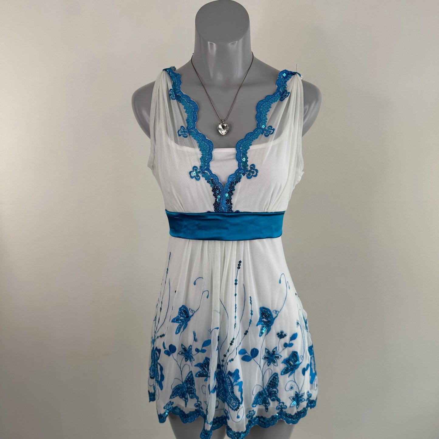 Y2K vintage Bay top butterfly embroidered tie back bow v neck sequin mesh