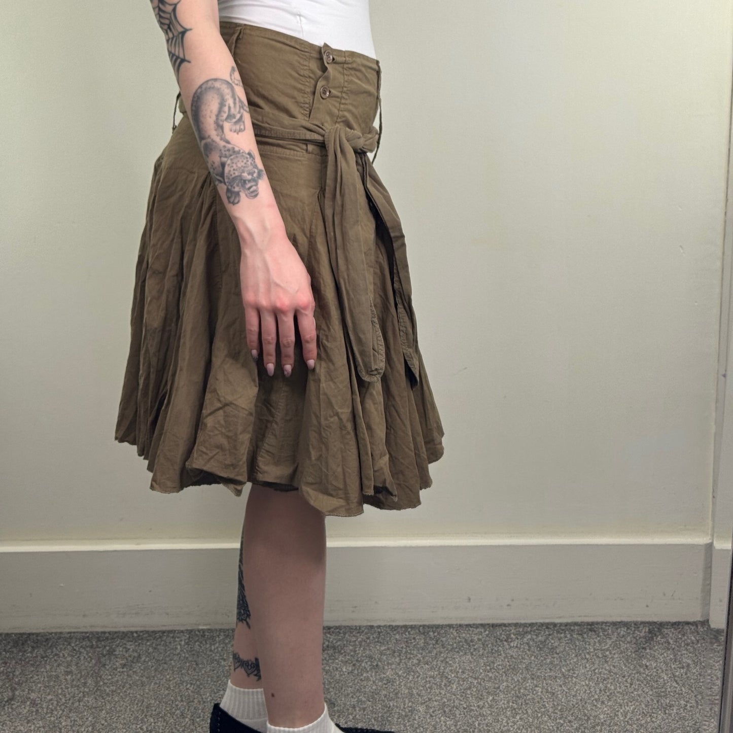 Y2K vintage midi skirt a line ruffle gathered adjustable bow knee length