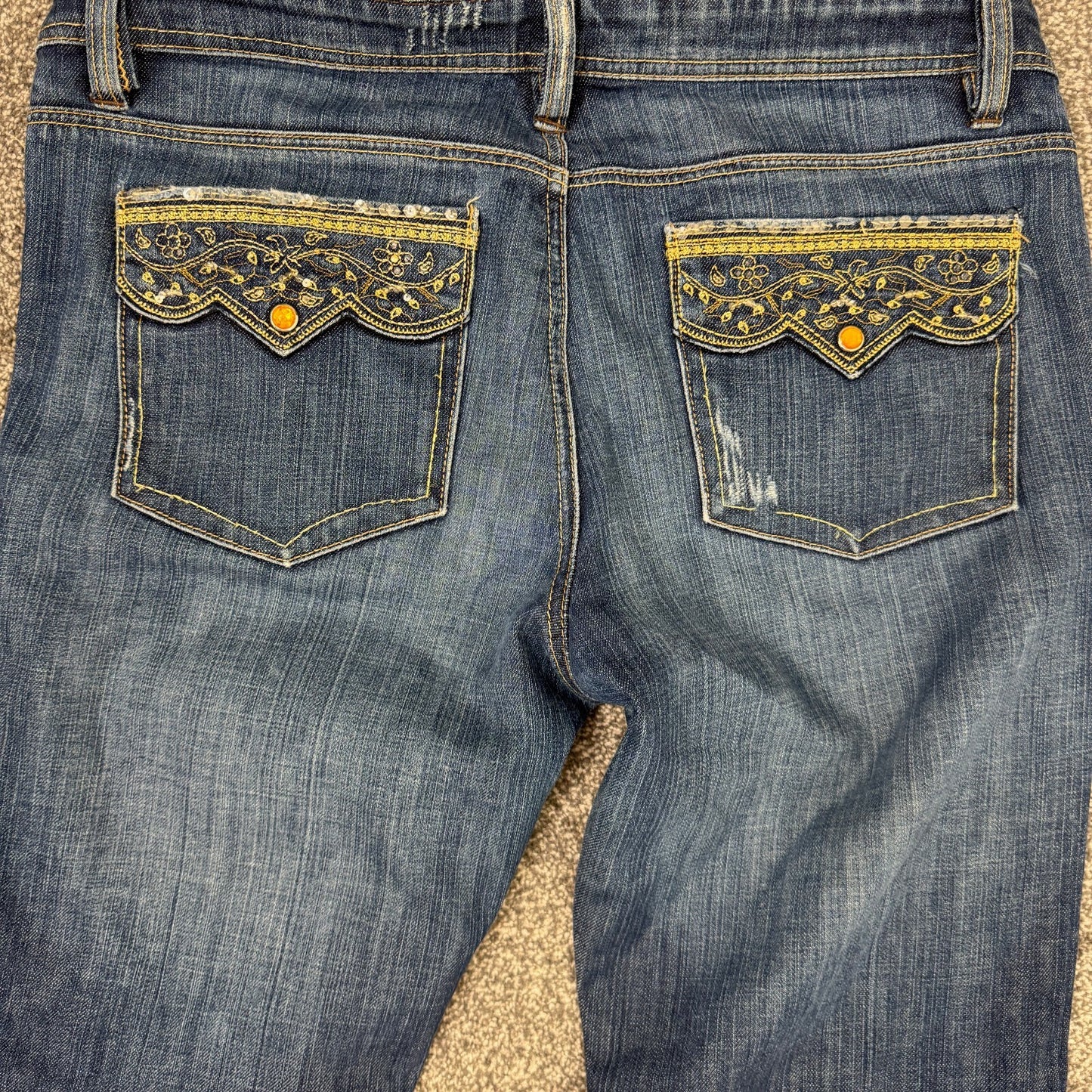 Y2K vintage bootcut denim jeans embroidery dark faded wash sequin distressed