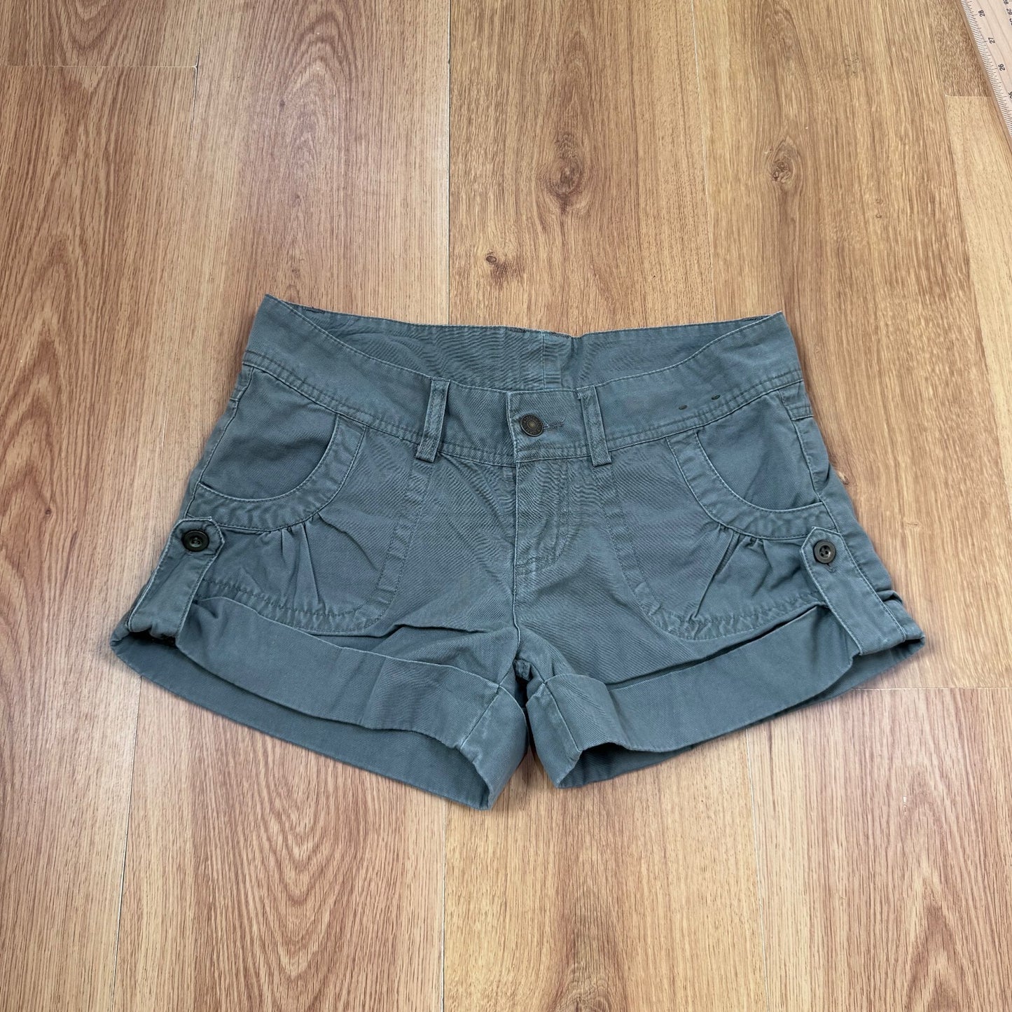 Y2K vintage low rise mini shorts chino buttons cargo pockets khaki
