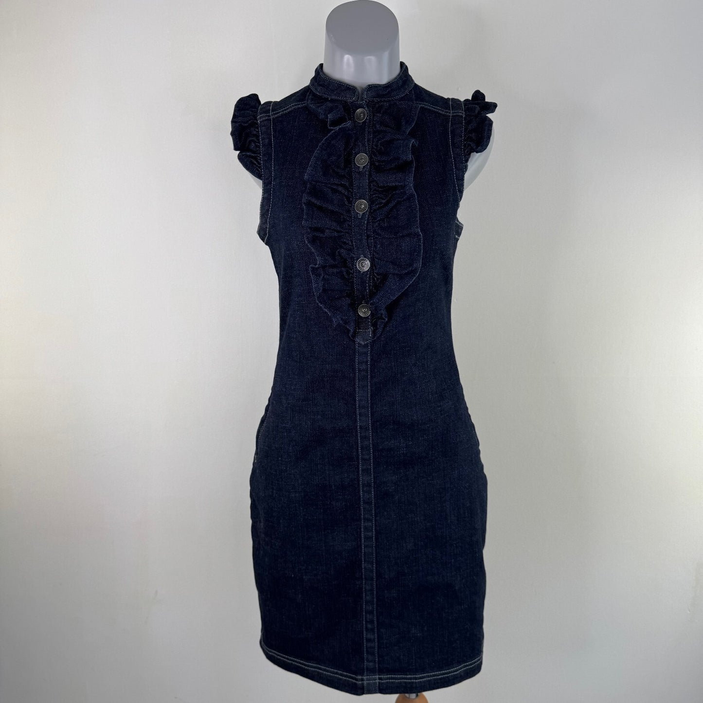 Y2K vintage Ted Baker denim mini dress ruffle bust button up sleeveless fitted