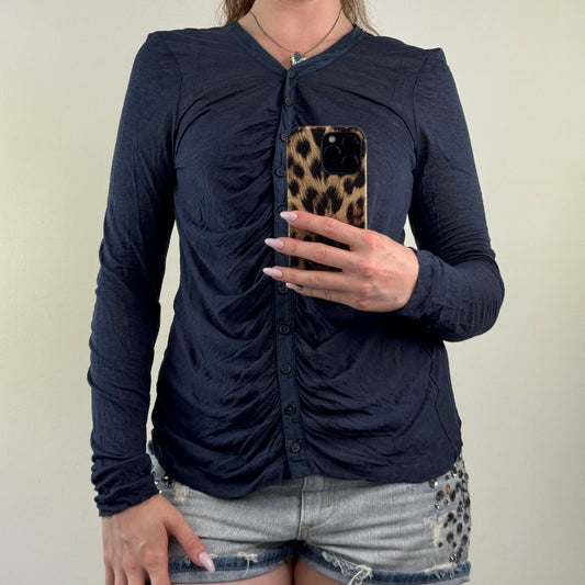Y2K vintage long sleeve top button up ruched navy sheer lightweight fine knit