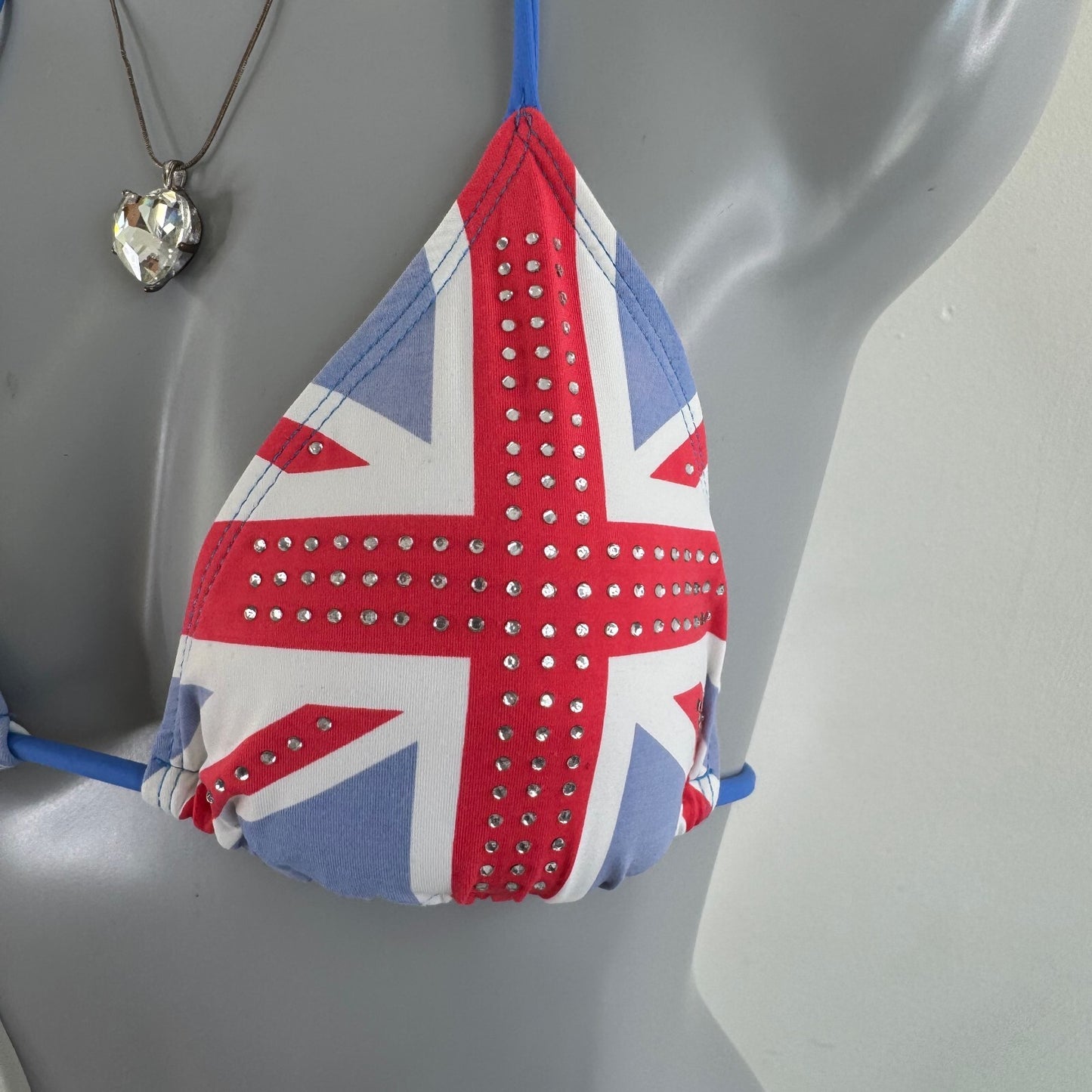 Y2K vintage bikini top union jack rhinestone pink blue halter neck tie