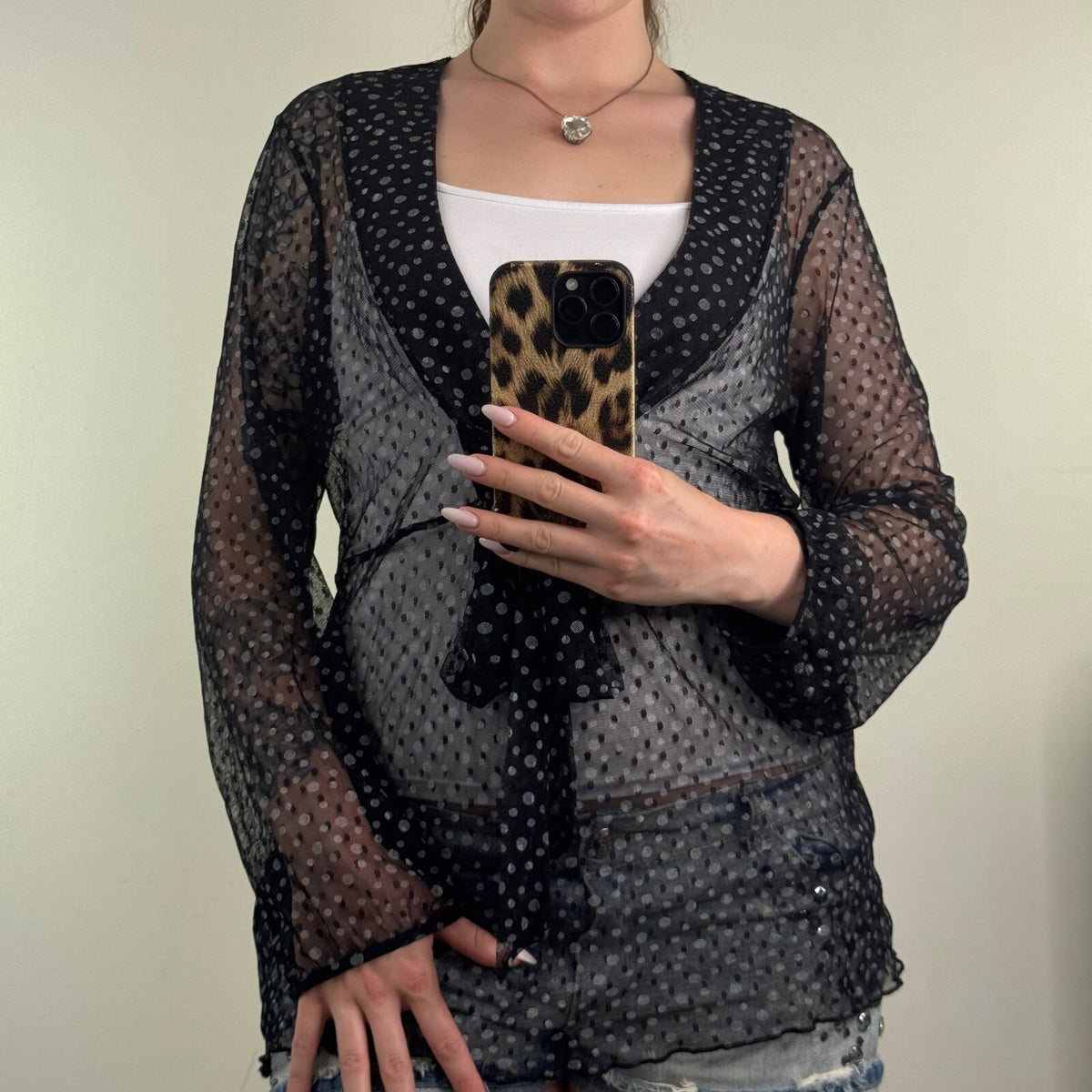 Y2K vintage Per Una top mesh sheer v neck bow stretchy polka dot long sleeve