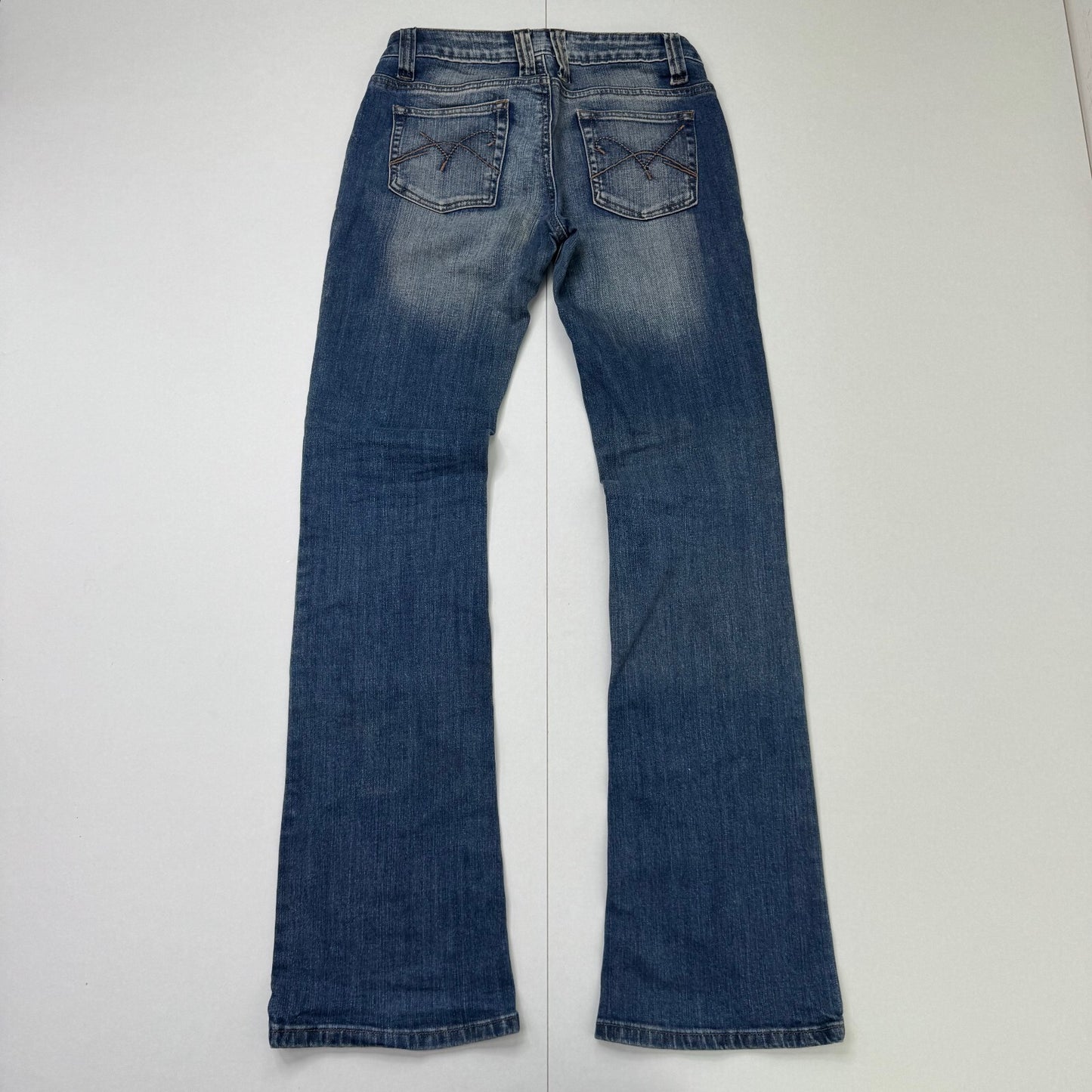 Y2K vintage low rise bootcut denim jeans distressed stitching faded dirty wash