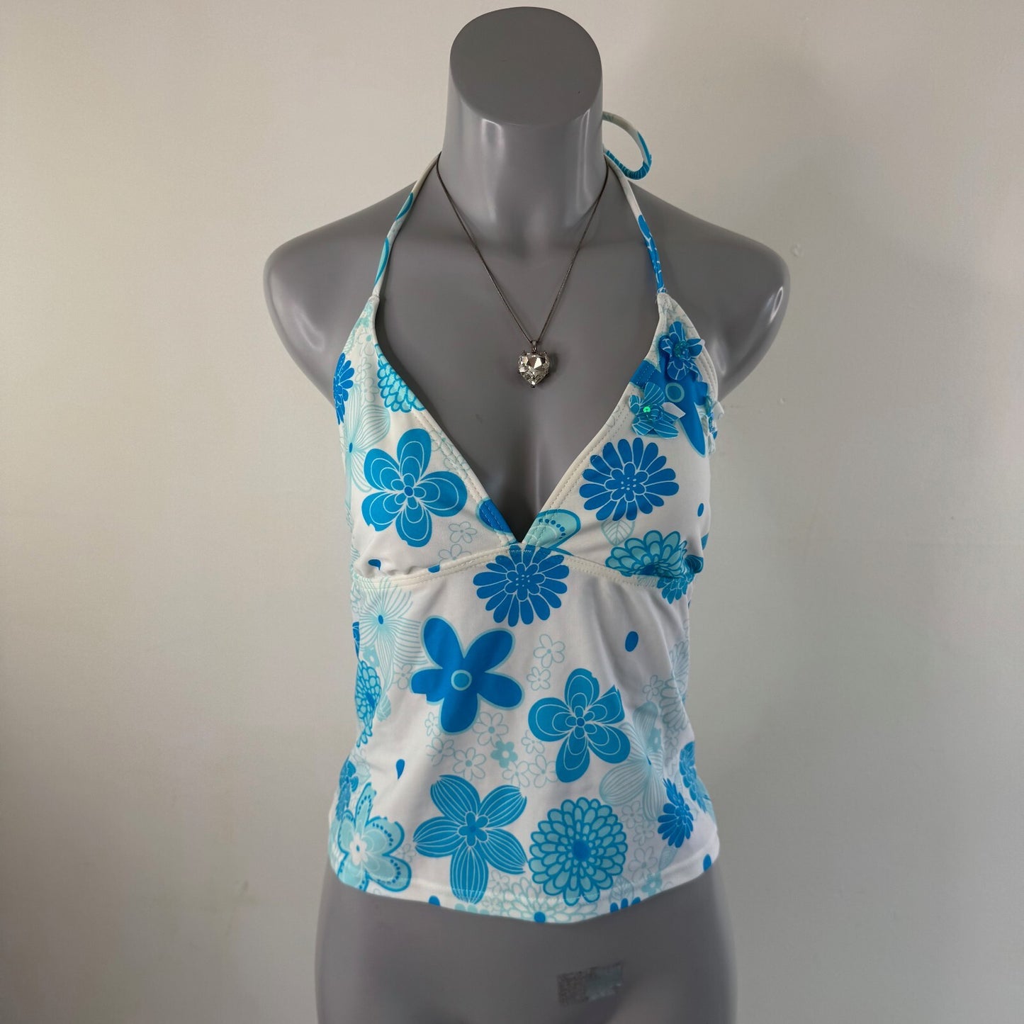 Y2K vintage tankini top halter neck floral 3D flowers sequin tie bow