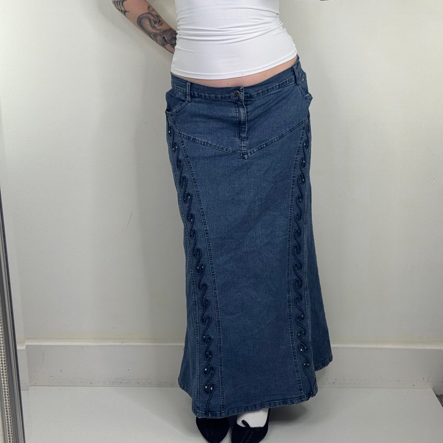 Y2K vintage maxi skirt denim rhinestones stretchy a line embroidered pattern