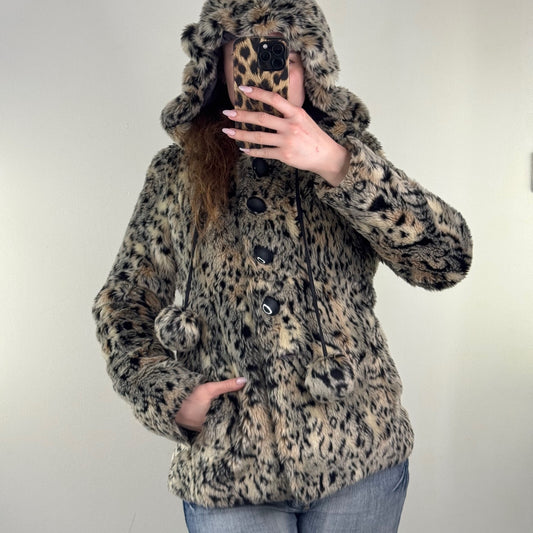 Y2K vintage faux fur jacket leopard print with hood pom poms button up