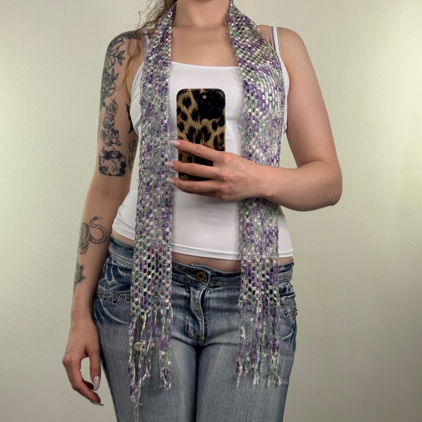 Y2K vintage scarf sheer fine knit fringe purple green skinny thin