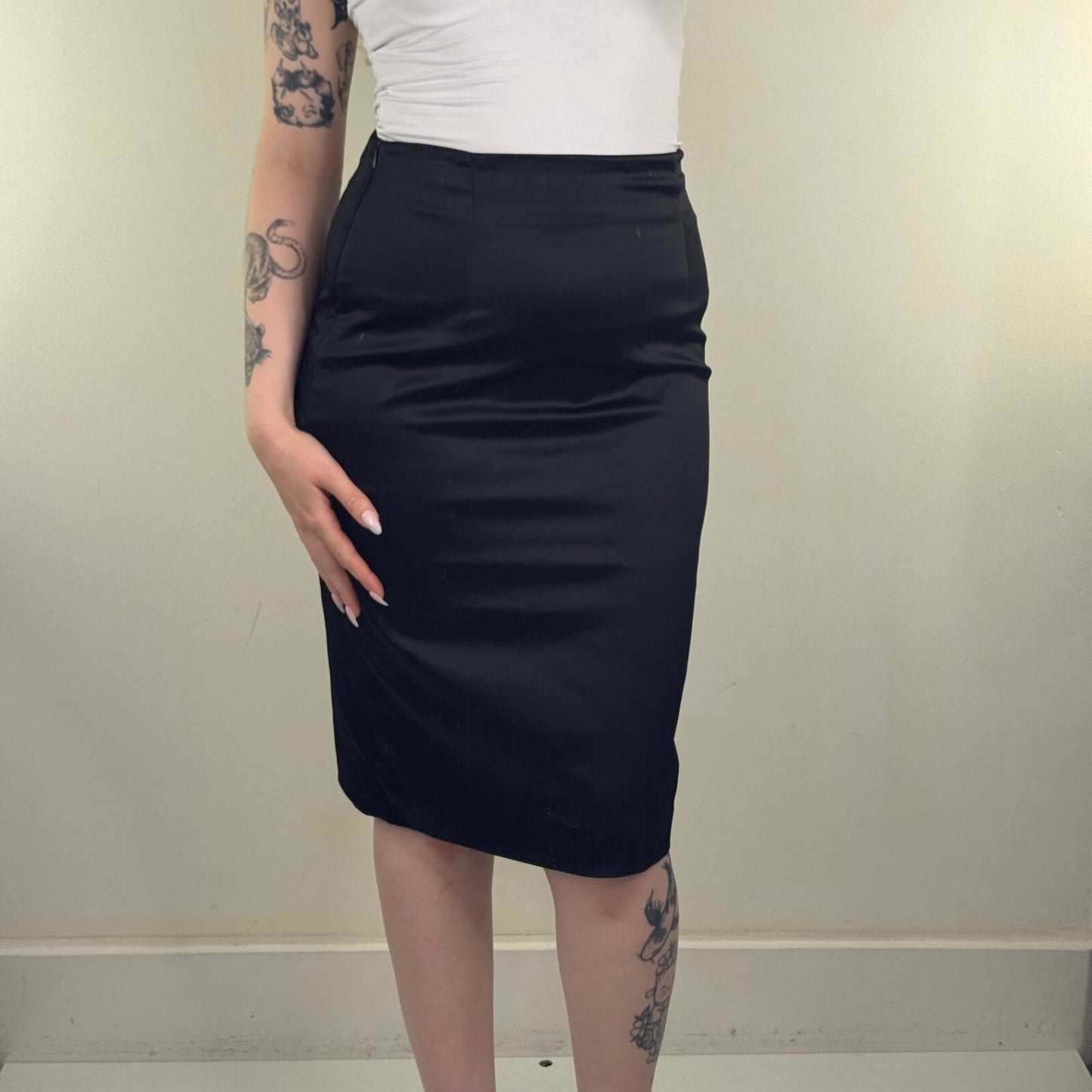 Y2K vintage satin midi skirt fitted tailored slit knee length formal high waist