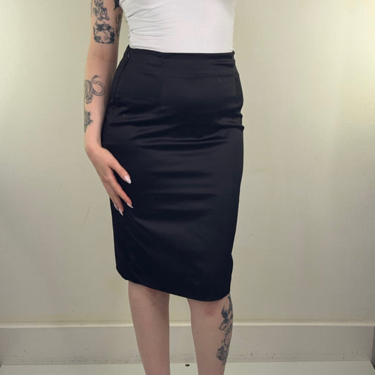 Y2K vintage satin midi skirt fitted tailored slit knee length formal high waist