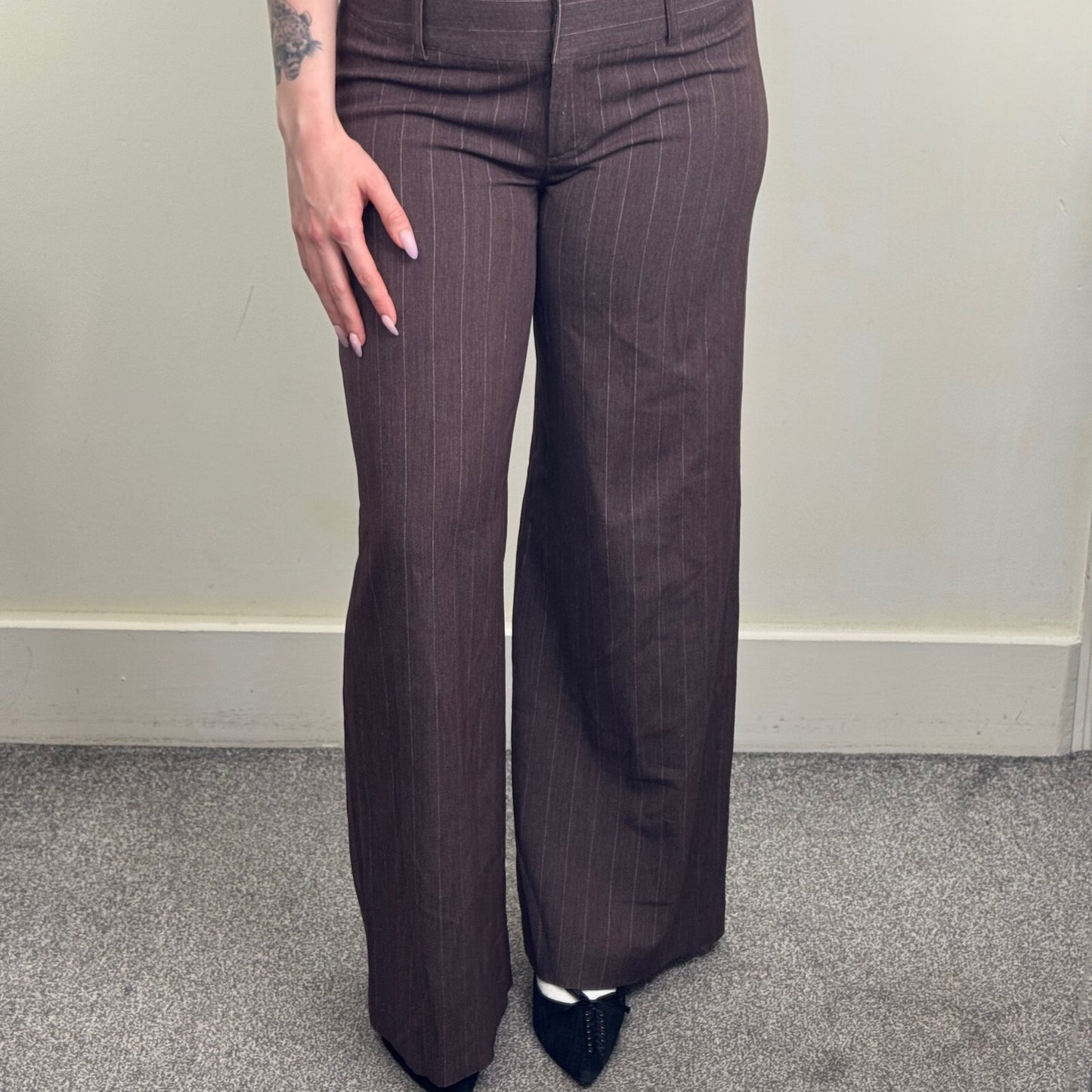 Y2K vintage tailored bootcut trousers pinstripe formal office mid rise wide leg